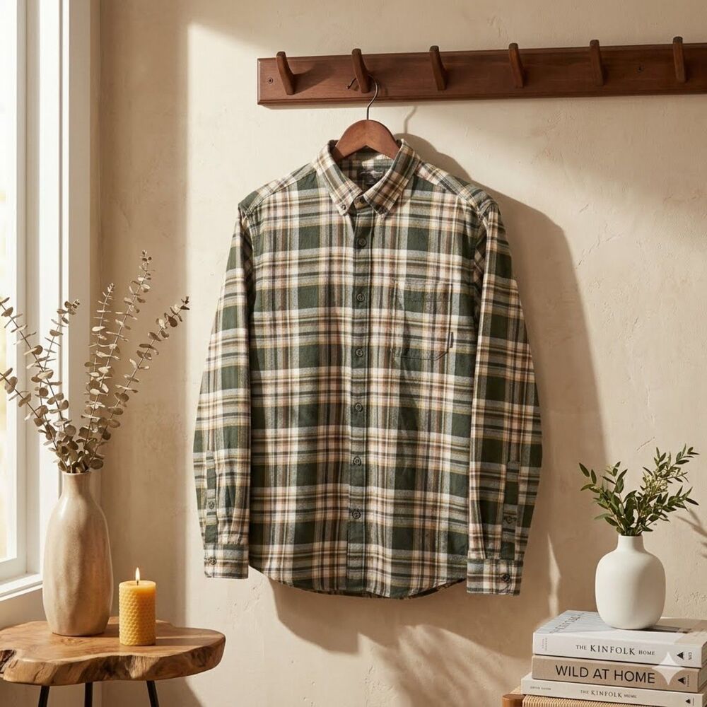 Eddie Bauer Flannel Shirt Mens M Green Plaid Cotton Classic Fit Pocket